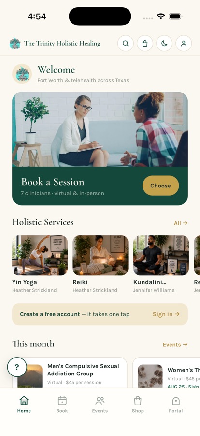 The Trinity app — Home screen