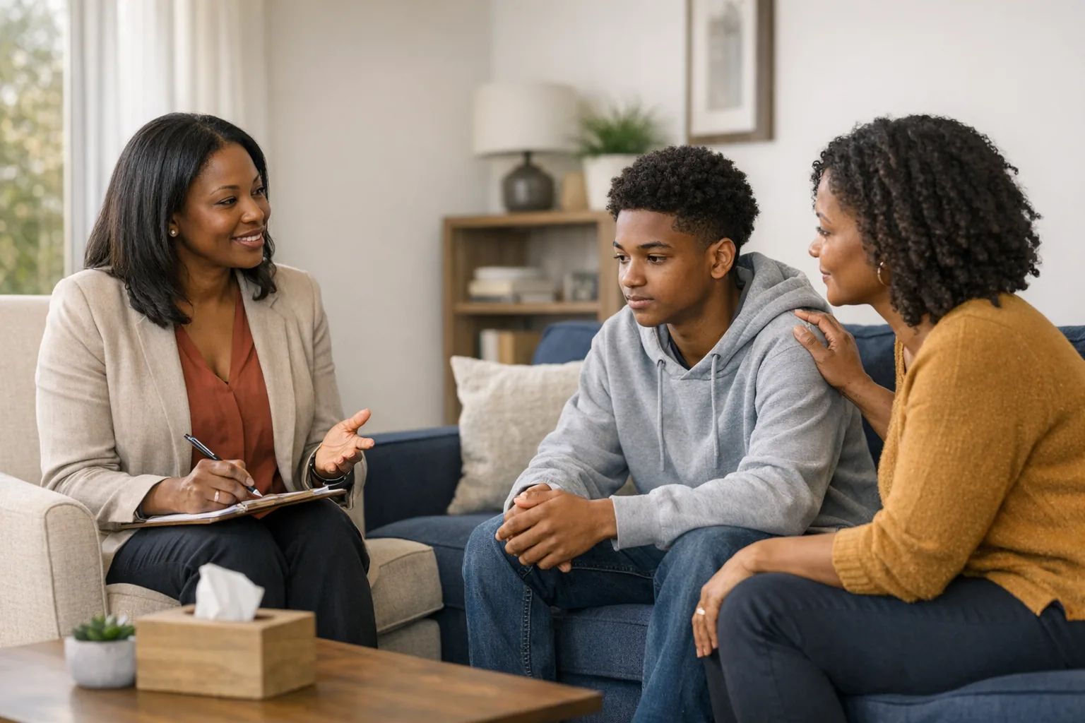 Behavioral health clinician of color supporting a teen and family member in a therapy office Behavioral health clinician of color supporting a teen and family member in a therapy office
