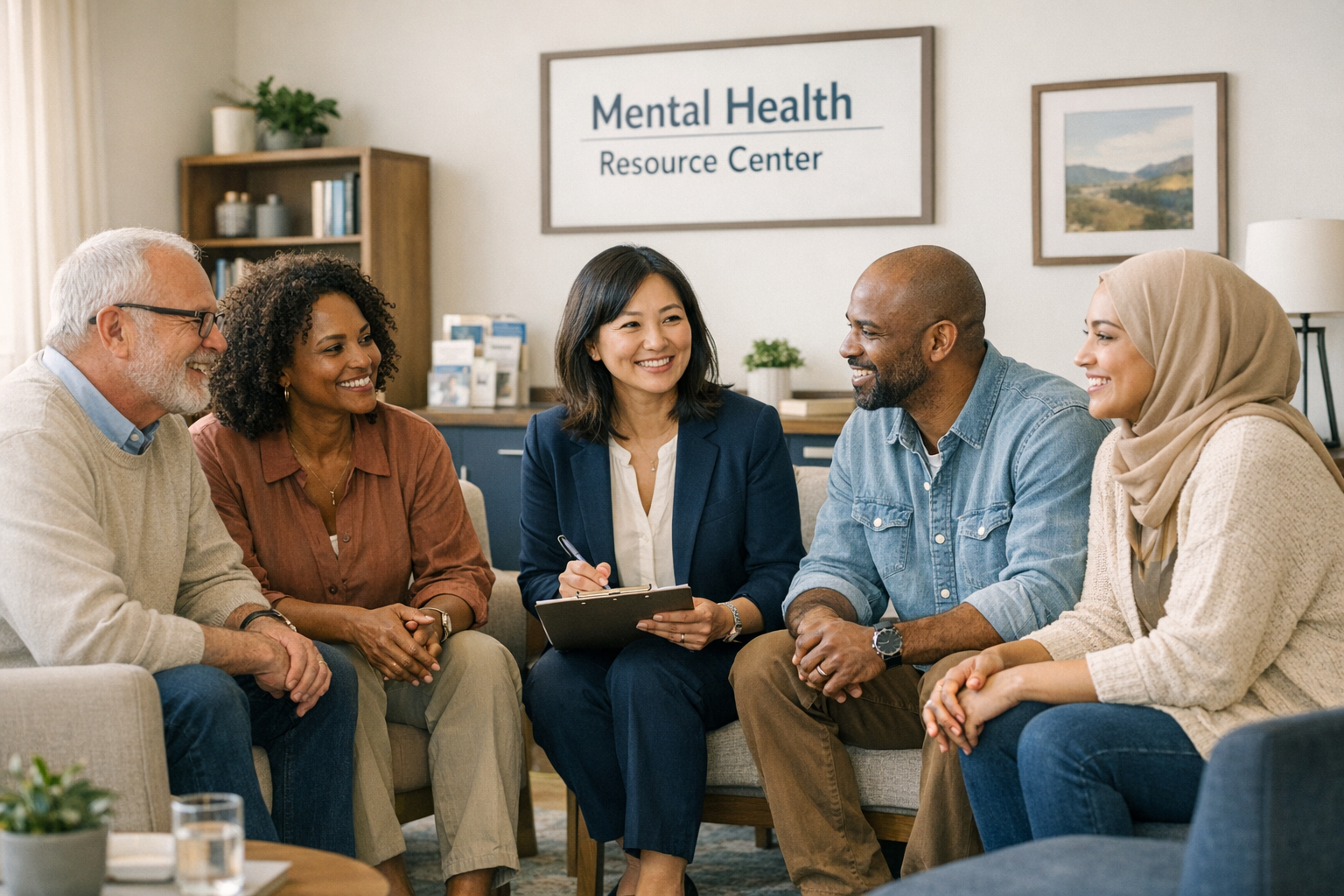 Diverse group of adults in a calm mental health resource center setting