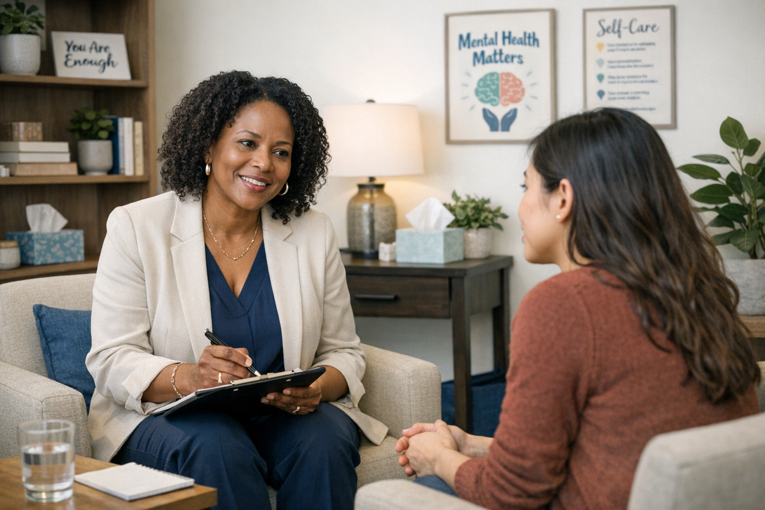Diverse family and community support in a peaceful counseling environment